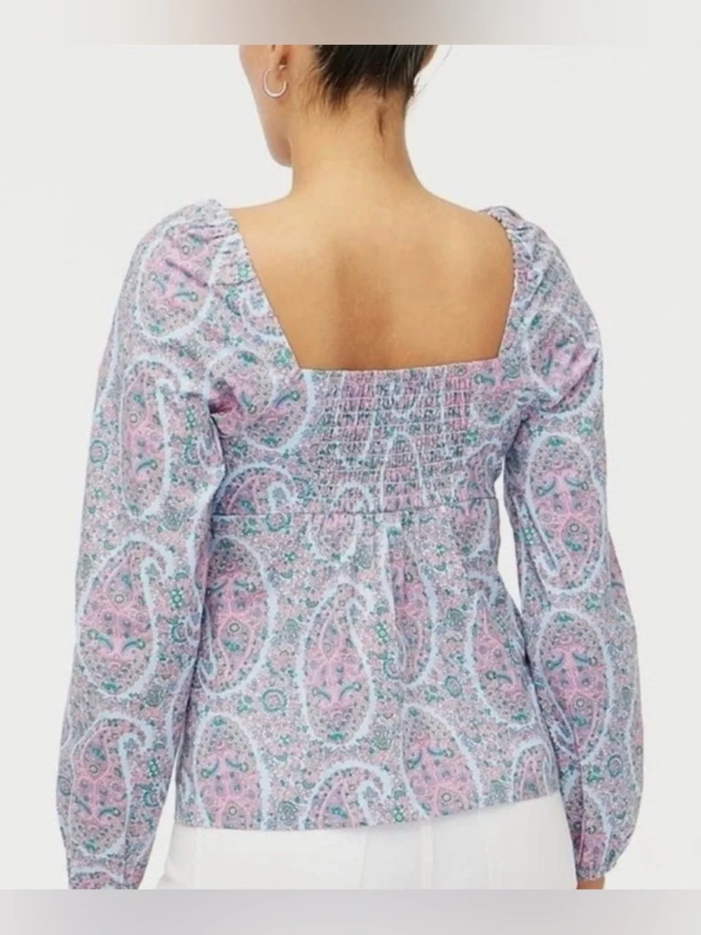 J Crew Paisley Sweetheart Long Sleeve Blouse Blue Pink size 12